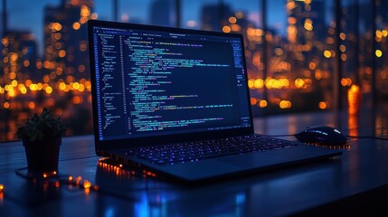 Wall Mural - a sleek and modern laptop displaying lines of colorful code sits on a wooden desk against a backdrop