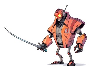 Sticker - The Orange Samurai Robot: A Futuristic Warrior