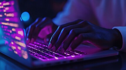 Night Coding Session: Hands Typing on Laptop with Glowing Keyboard