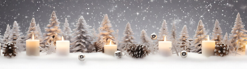 Wall Mural - christmas candles burning, silver balls, trees and pine cones in a row with snow, snowfall and snowf
