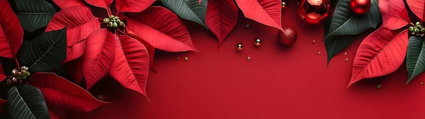 Wall Mural - Abstract background with red Poinsettia leaves. Horizontal composition, banner.