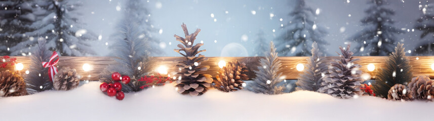 Wall Mural - colorful christmas trees and lights in a row with pine cones and branches covered with snow and snow