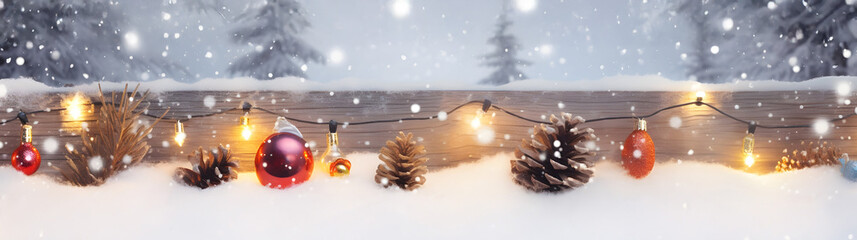 Wall Mural - colorful christmas balls and lights in a row with pine cones and branches covered with snow and snow
