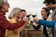 © Lomb - Happy multigenerational friends toasting wine glasses outdoors with authentic laughter sharing celebration moment