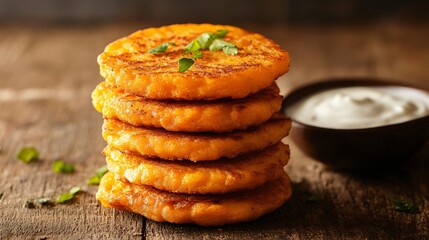 Sweet potato fritters stacked neatly, styled on a rustic wooden table with yogurt sauce