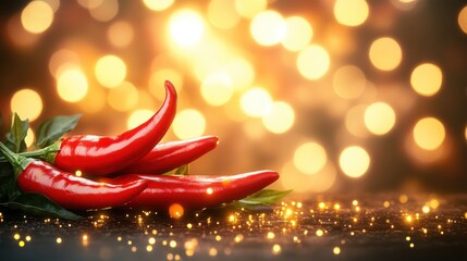 Wall Mural - Red chili peppers on dark background with bokeh lights.