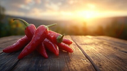 Wall Mural - Red chili peppers on wooden table at sunset.