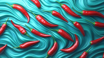 Wall Mural - Red chili peppers on swirling teal background.