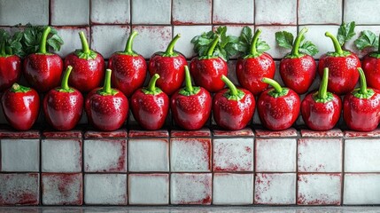 Wall Mural - Red peppers arranged on tiled surface.