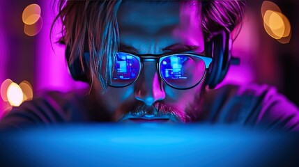 Man Focused on Computer Screen in Neon Light AI Technology