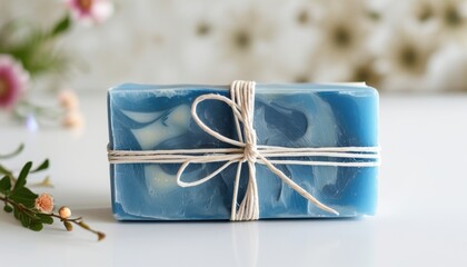 Luxurious handmade soap bar with natural wrap for spa and skincare, featuring copy space