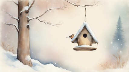Watercolor birdhouse is hanging from a tree branch in the snow