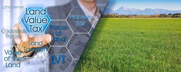 LAND VALUE TAX - Land ownership taxation concept with business manager and rural land lot