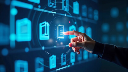 Hand selecting a glowing digital book icon on a futuristic virtual interface. hand interaction, e-learning concept, knowledge access, floating GUI, sci-fi user interface