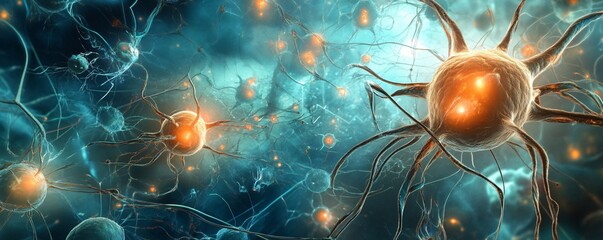 Poster - Neurons sending signals through neural network, synaptic transmission
