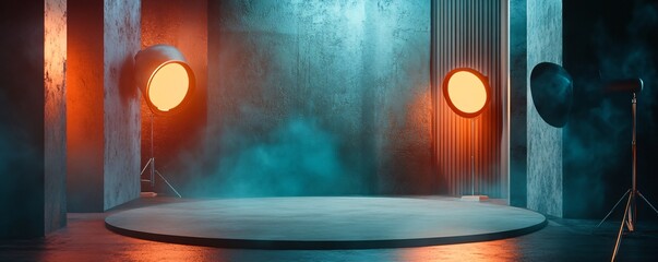 Poster - Empty round stage illuminating with spotlights in smoky studio