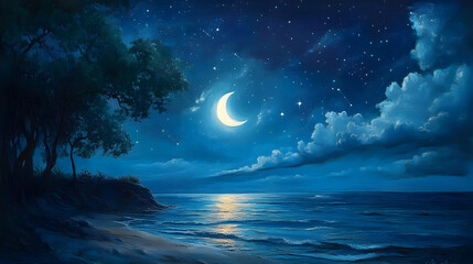 Wall Mural - Moonlit serenity under a starlit sky