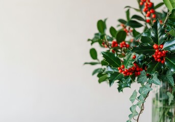 Wall Mural - Holly branches with red berries and ivy leaves create a festive christmas decoration