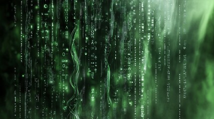 Digital rain of green binary code flowing through cyberspace