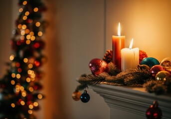 Wall Mural - Two burning candles on a mantelpiece decorated with christmas ornaments and garland lights, creating a warm and festive atmosphere