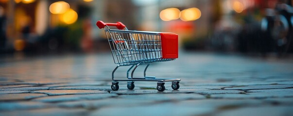 Miniature shopping cart stands on cobblestone street in blurred city center