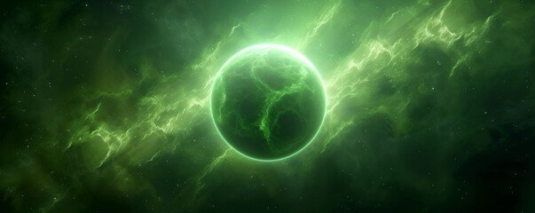 green planet in a nebula, a cosmic scene with radiant green stars, generative ai