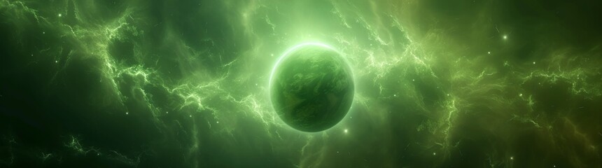 Green planet in a nebula, a cosmic scene with radiant green stars, Generative AI