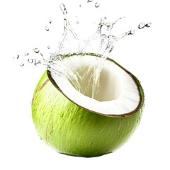 Coconut water splashing out of a fresh green coconut isolated on transparent or white background, png