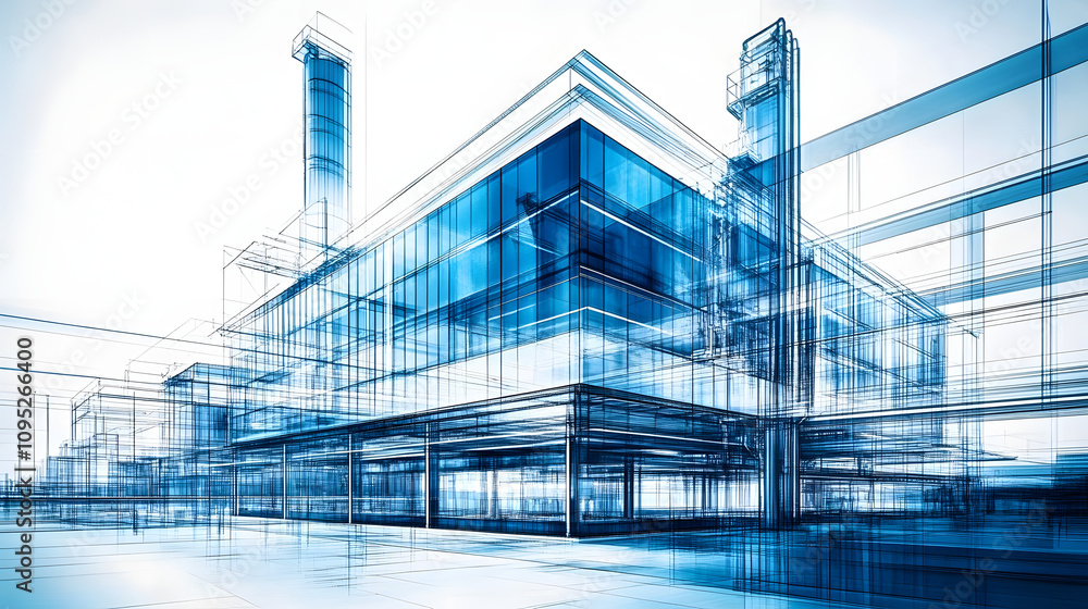 Abstract illustration of a modern factory building with glass and steel ...