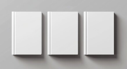 Wall Mural - 3d rendering of three blank white book cover mockups viewed from the top, set against a softly blurr