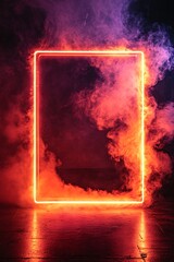 Poster - Glowing neon rectangle frame in a smoky room with red and purple lighting
