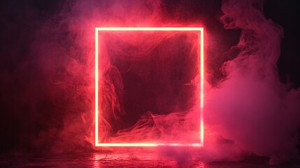 Poster - Red neon square frame glowing in smoky atmosphere background