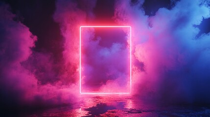 Aufkleber - Glowing neon square frame illuminating colorful smoke in futuristic background
