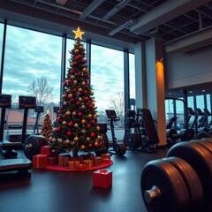 Wall Mural - festive christmas tree adorned with ornaments and weights in a modern gym setting during the holiday