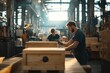 © NurSya - Skilled Craftsmen Working in a Bright Industrial Warehouse Focusing on Wooden Box Creation with Equipment and Tools Under Natural Light