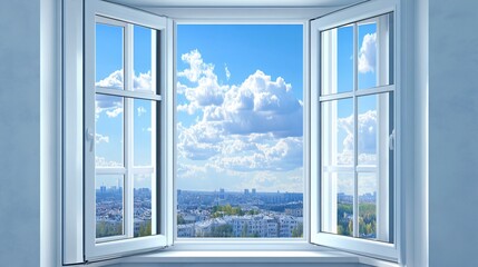 Aufkleber - Open window showing cityscape with cloudy sky in background
