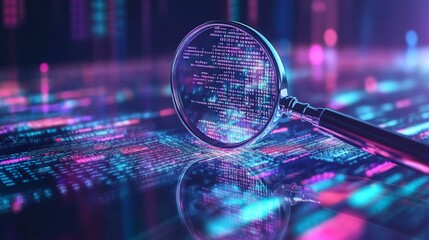 digital security under the magnifying glass.concept of cybersecurity, digital privacy, vulnerability