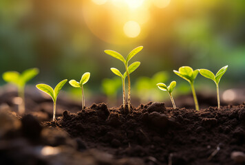 Seedlings emerging from dark brown soil under sunlight in a green environment