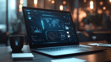 Laptop displaying a futuristic data interface on a desk.