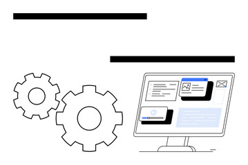 Gears next to a computer screen showing a user interface with various elements and windows. Ideal for technology, IT, software development, web, v09 design, user experience, digital tools, and