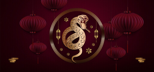 Wall Mural - Chinese New Year 2025. Burgundy greeting card, round frame with snake isolated.