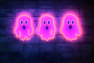 Sticker - A neon sign with icons of the spooky ghosts on dark grey background