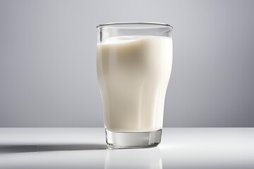 Wall Mural - Close-up of a glass of fresh, creamy milk with a smooth texture, placed on a plain white background to highlight the simplicity and purity of the milk.