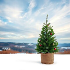  Small christmas tree in a burlap pot on a white isolated background christmas tree holiday winter festive celebration   