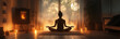 © AI Photo Stock - Serene Home Yoga: Finding Inner Peace - Woman meditating, soft light, fireplace, candles, window view.  Peace, tranquility, mindfulness, wellness, home.