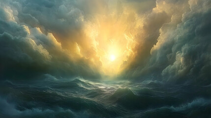 Wall Mural - Sun rays breaking through storm clouds over the ocean, evoking hope after the storm