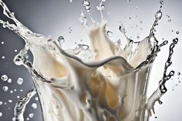 Wall Mural - Close-up of a glass of fresh, creamy milk with a splash inside, creating dynamic motion, placed on a plain white background to emphasize the richness and freshness of the milk.