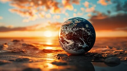 Wall Mural - small blue and white planet is sitting on a rocky surface. the planet is surrounded by a bright oran