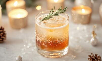 Canvas Print - A glass of alcohol with a sprig of rosemary on top