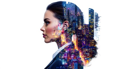 A powerful double exposure image of a woman with a determined expression, her face blending with a cityscape of towering skyscrapers, symbolizing strength and resilience in a modern urban world. 